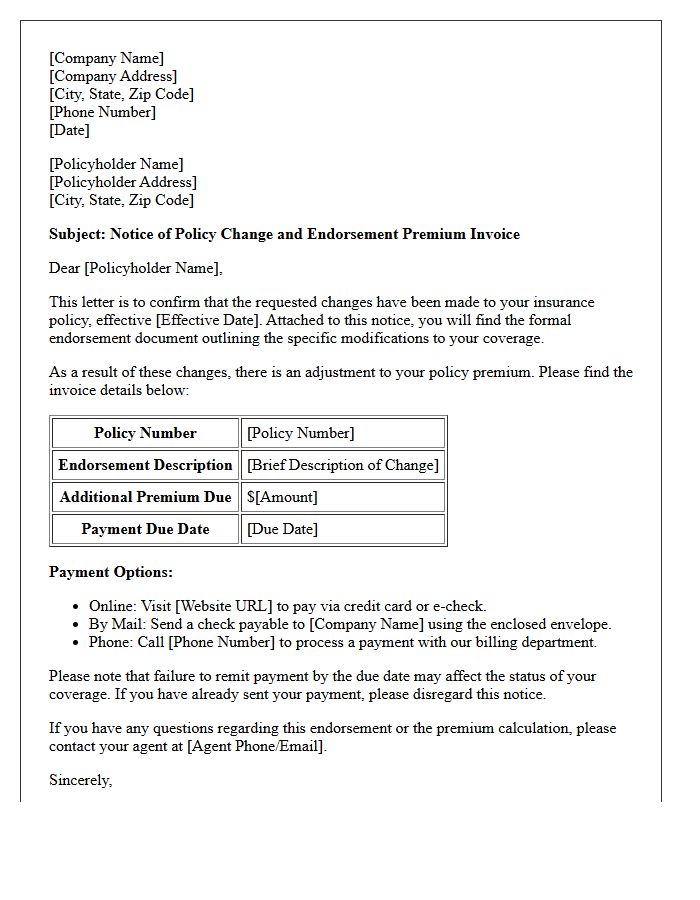 Endorsement Premium Invoice and Notice Letter