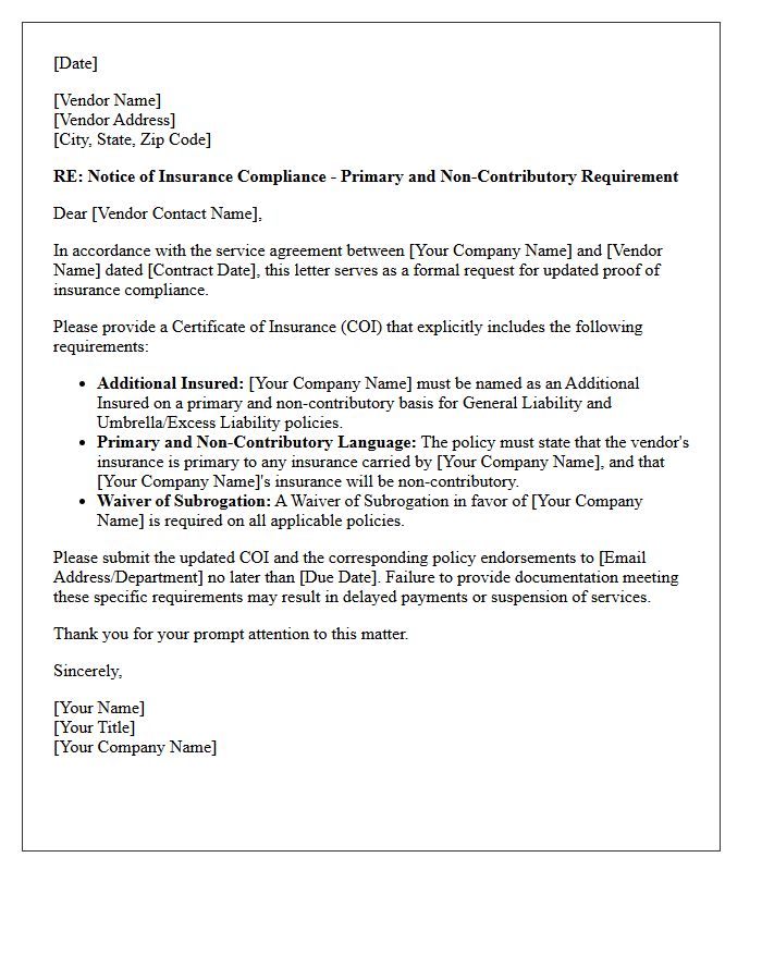 Vendor Primary and Non-Contributory Compliance Letter