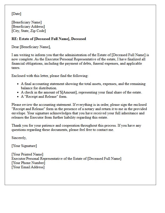 Final Estate Settlement and Disbursement Letter