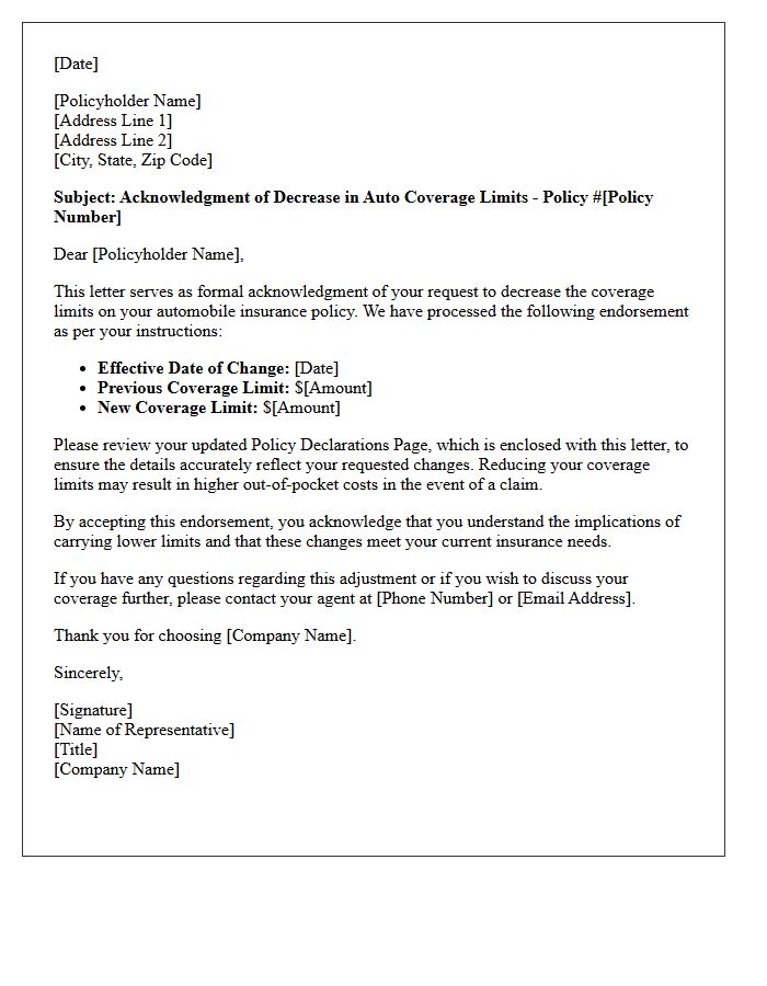 Acknowledgment Letter for Decrease in Auto Coverage Limits Endorsement