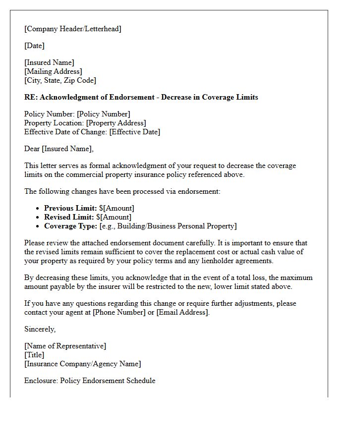Commercial Property Decrease in Coverage Limits Endorsement Acknowledgment Letter