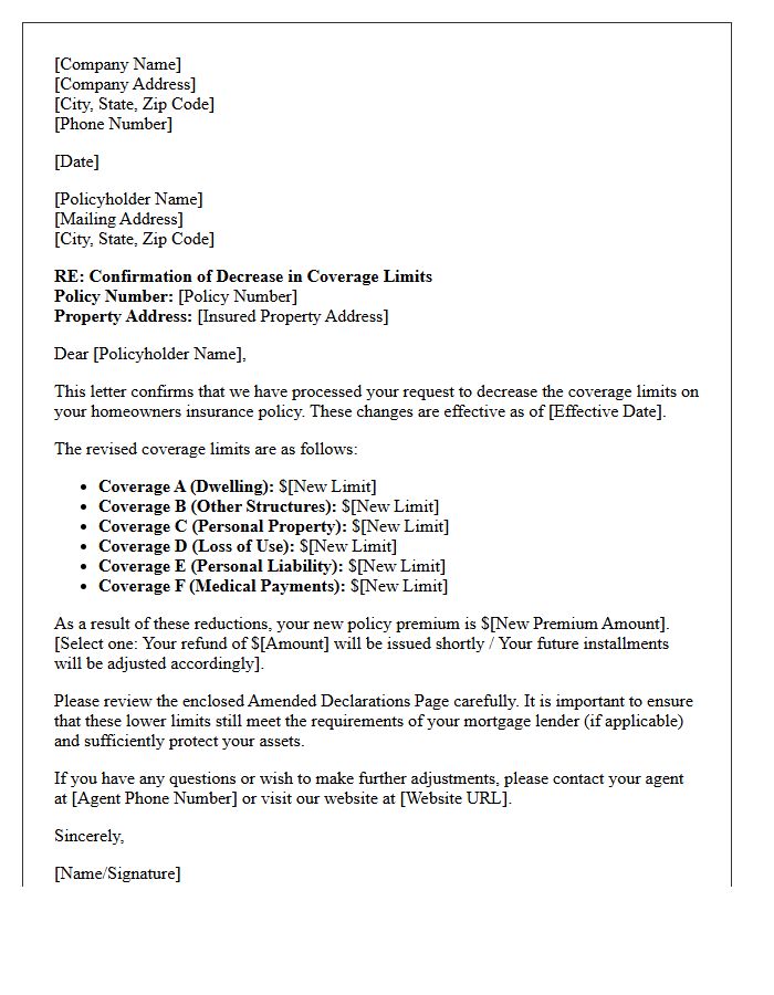 Homeowners Insurance Decrease in Coverage Limits Endorsement Confirmation Letter