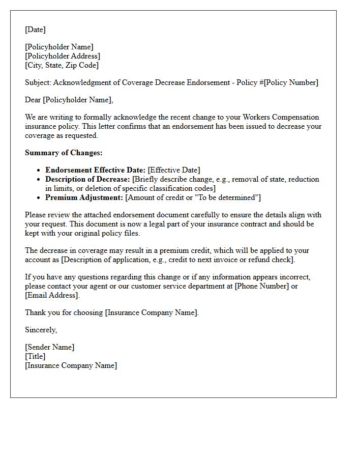 Workers Compensation Coverage Decrease Endorsement Acknowledgment Letter
