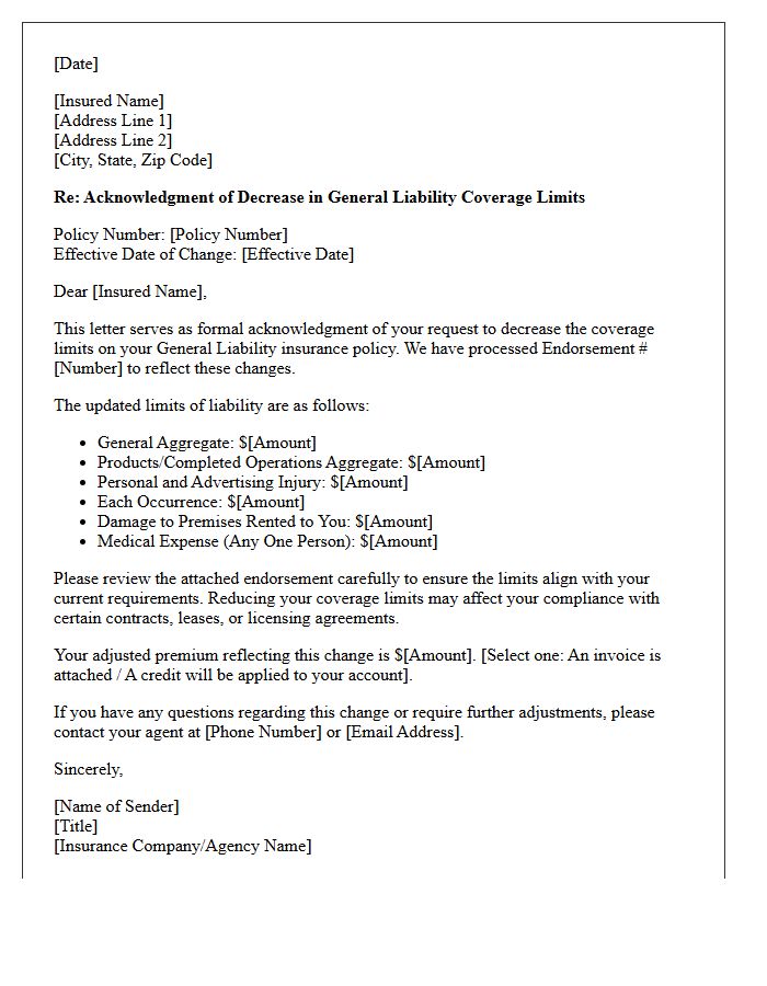 General Liability Decrease in Coverage Limits Endorsement Acknowledgment Letter