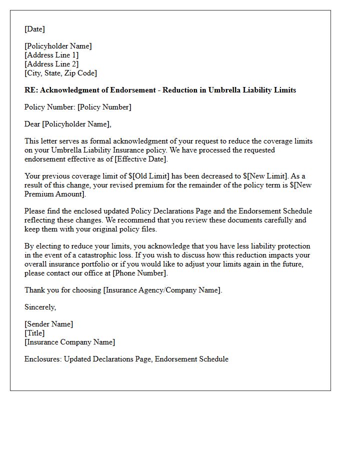 Letter Acknowledging Endorsement for Reduction in Umbrella Coverage Limits