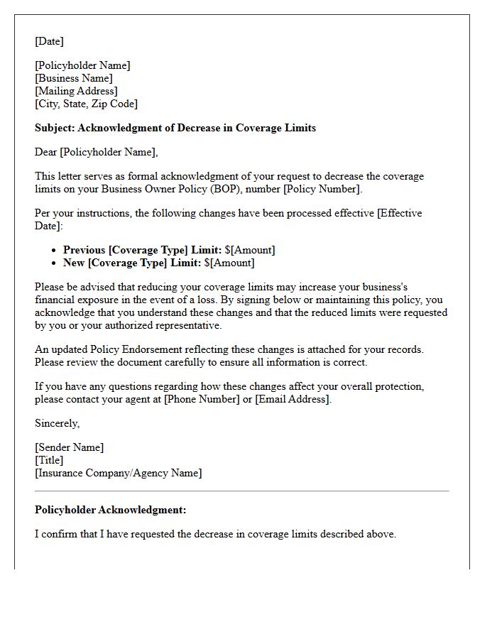 Business Owner Policy Decrease in Coverage Limits Endorsement Acknowledgment Letter