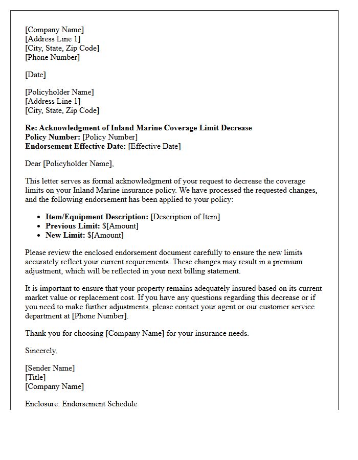 Inland Marine Coverage Limit Decrease Endorsement Acknowledgment Letter
