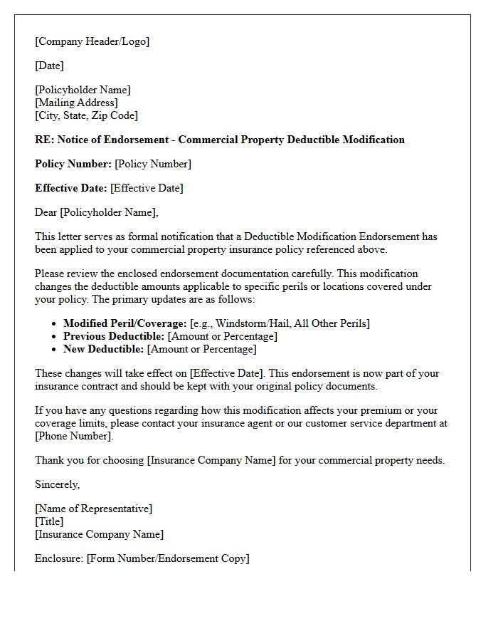 Commercial Property Deductible Modification Endorsement Letter