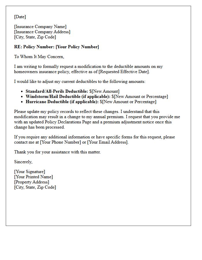 Homeowners Insurance Deductible Modification Endorsement Letter