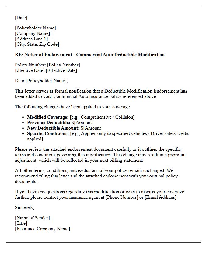 Commercial Auto Deductible Modification Endorsement Letter