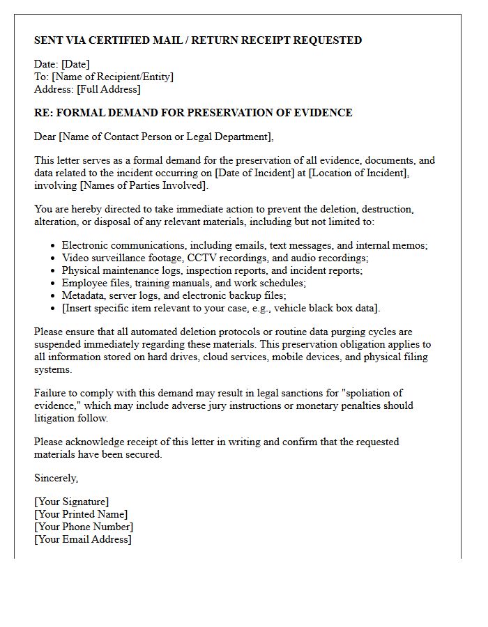 Evidence Preservation Demand Letter