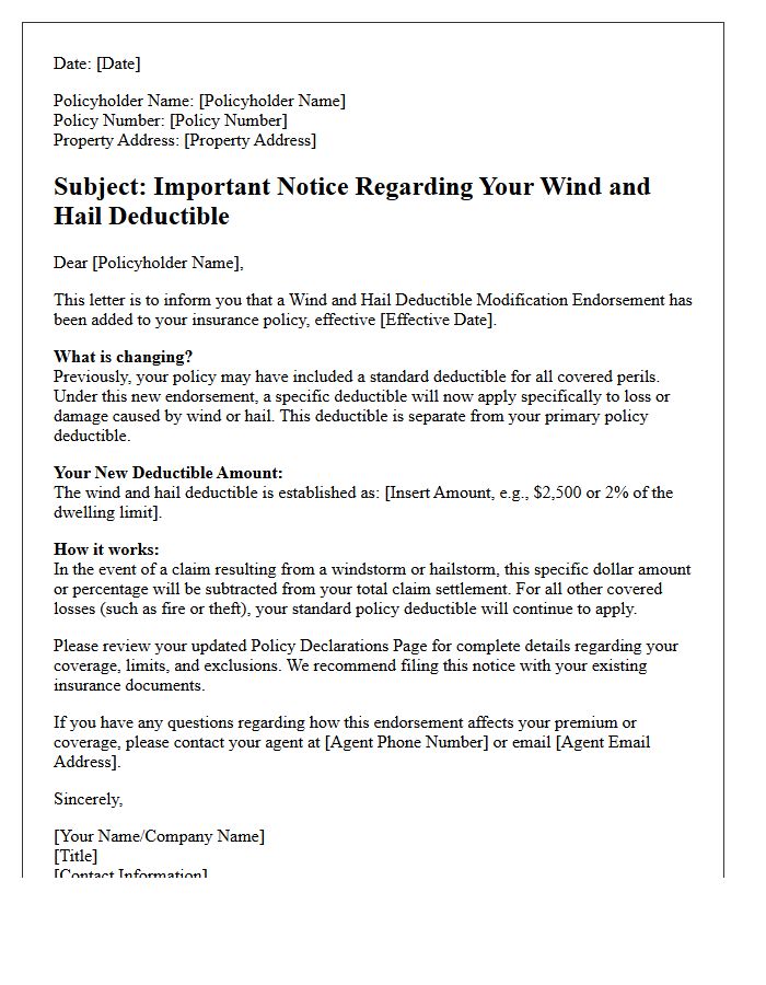 Wind and Hail Deductible Modification Endorsement Letter