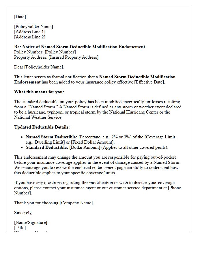 Named Storm Deductible Modification Endorsement Letter