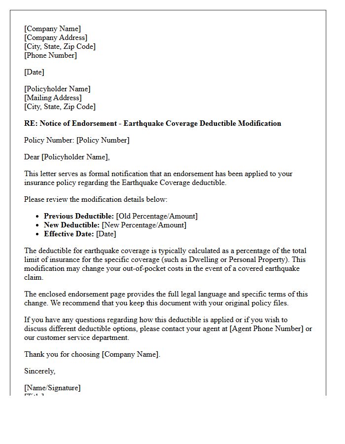 Earthquake Coverage Deductible Modification Endorsement Letter