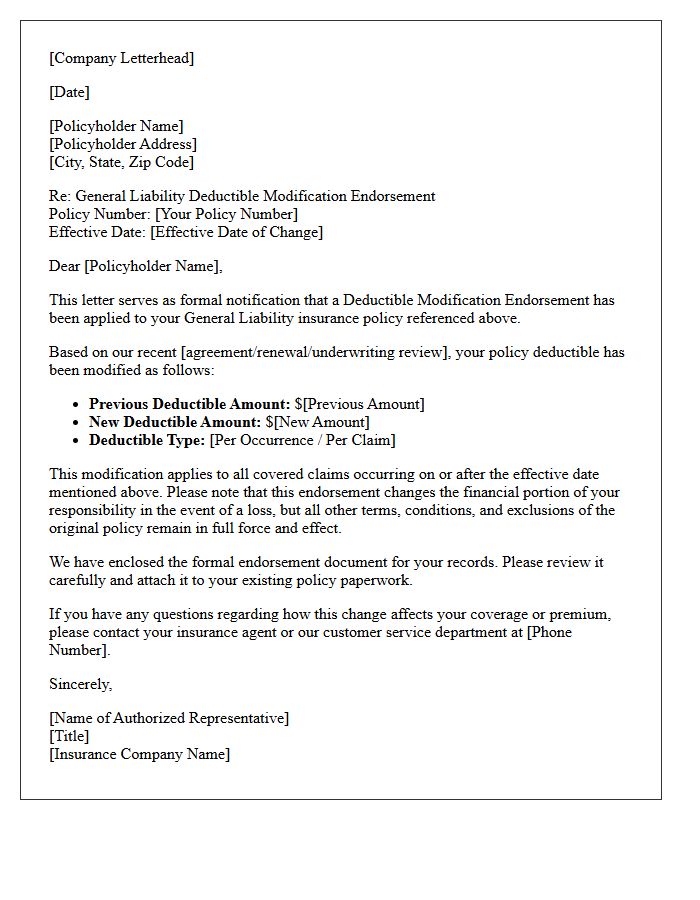 General Liability Deductible Modification Endorsement Letter