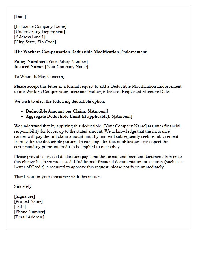 Workers Compensation Deductible Modification Endorsement Letter
