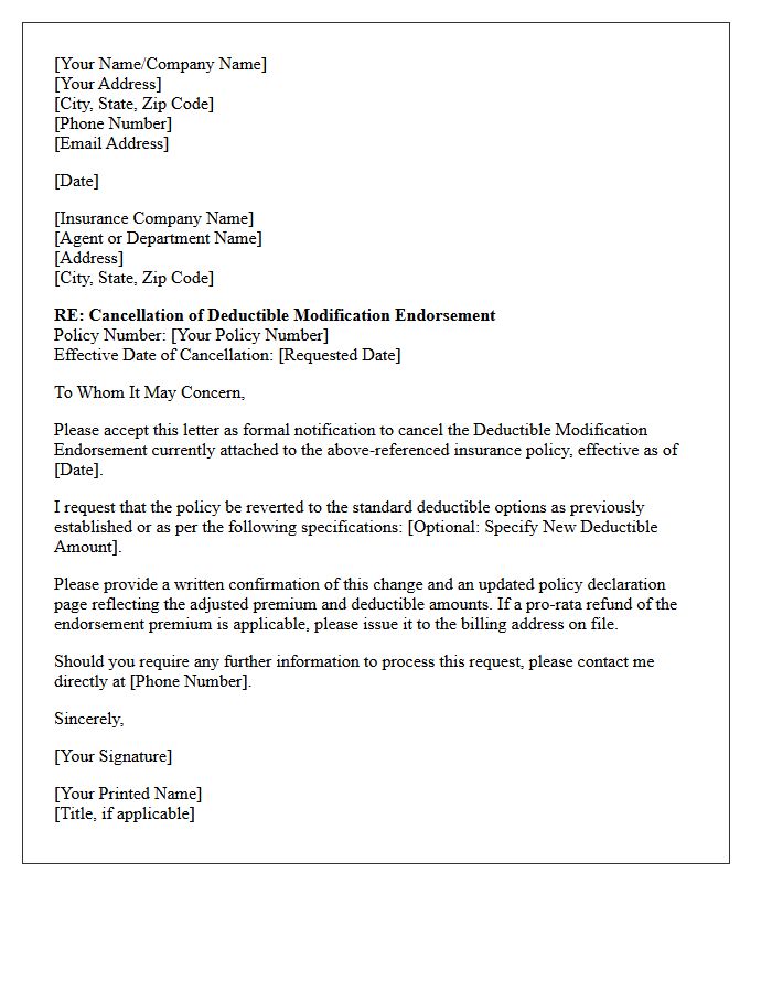 Deductible Modification Endorsement Cancellation Letter