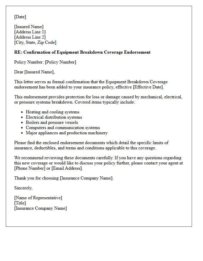 Equipment Breakdown Coverage Endorsement Addition Confirmation Letter