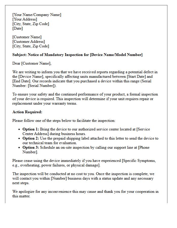 Defective Device Inspection Notice Letter