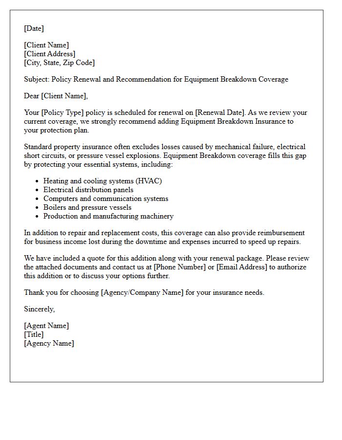 Policy Renewal Equipment Breakdown Addition Recommendation Letter