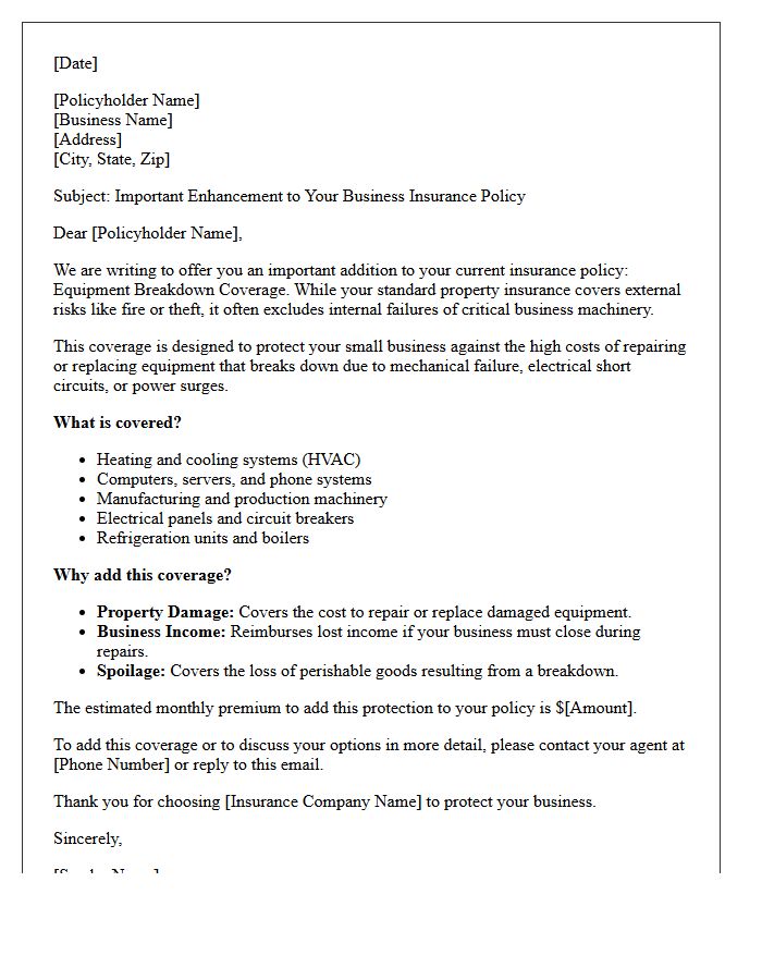 Small Business Equipment Breakdown Coverage Addition Offer Letter
