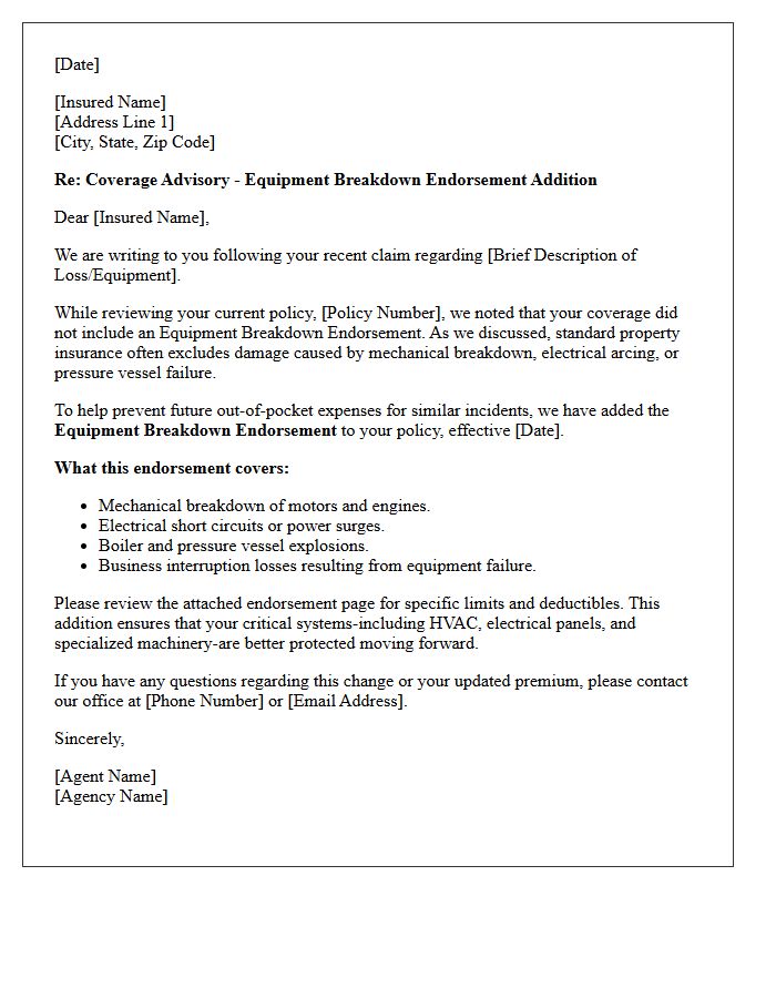 Post-Claim Equipment Breakdown Endorsement Addition Advisory Letter