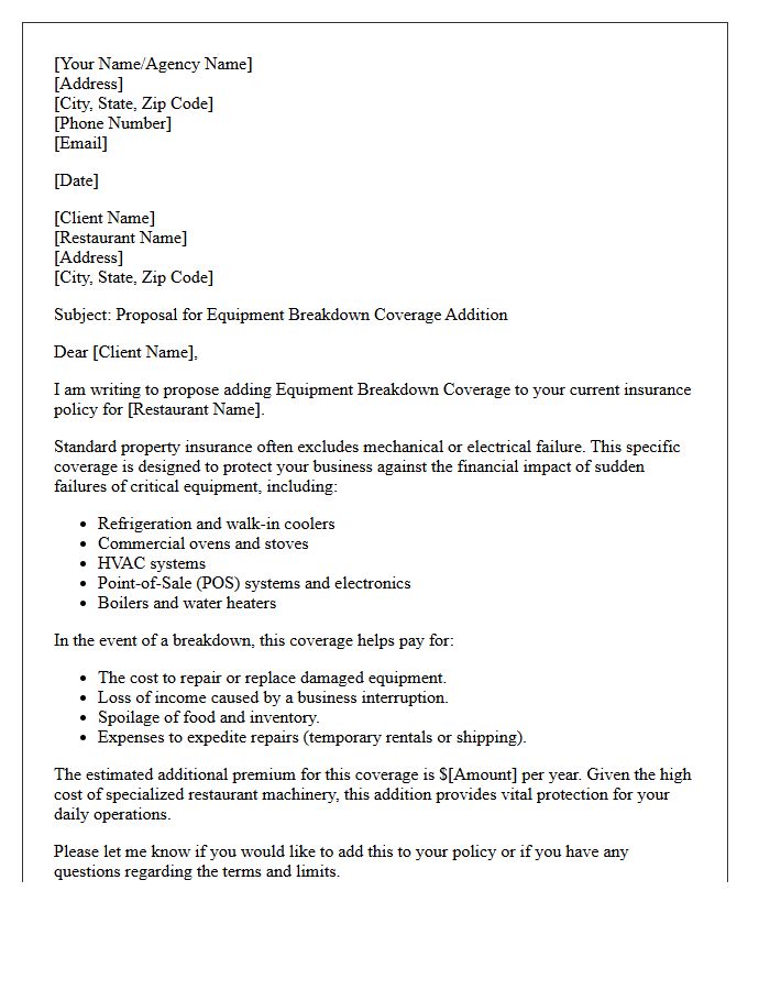 Restaurant Equipment Breakdown Coverage Addition Proposal Letter