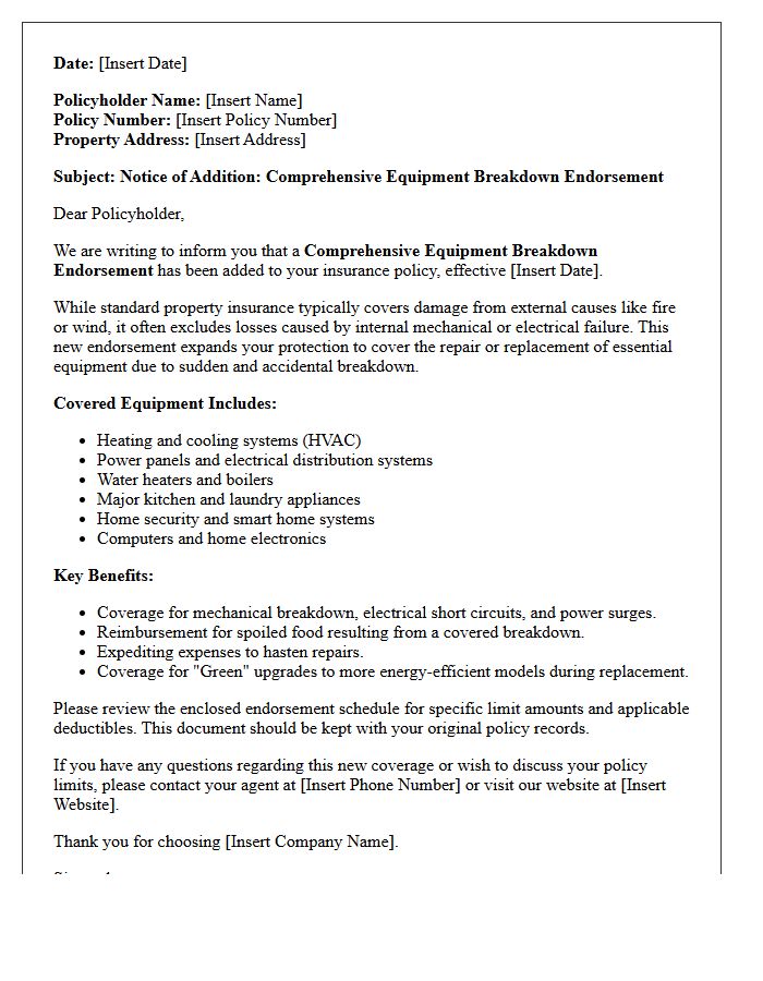 Comprehensive Equipment Breakdown Endorsement Addition Notice Letter