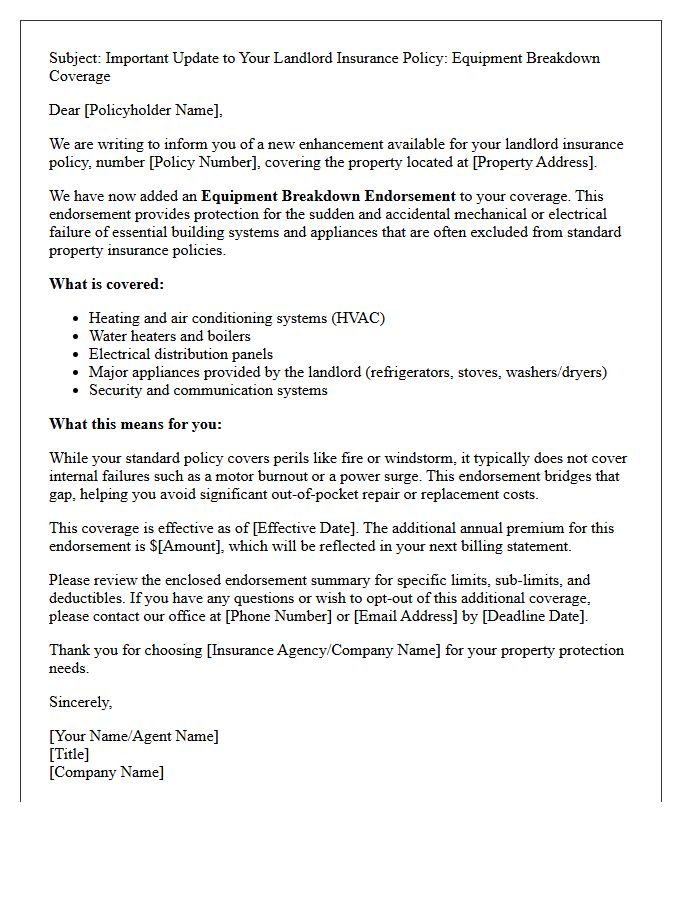 Landlord Equipment Breakdown Endorsement Addition Letter