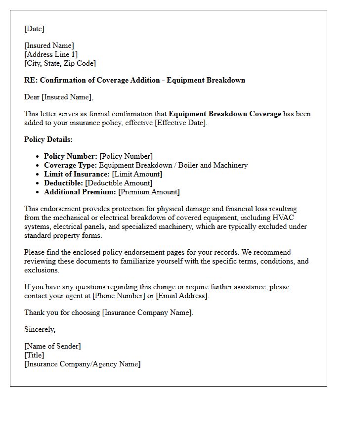 Mid-Term Equipment Breakdown Coverage Addition Confirmation Letter