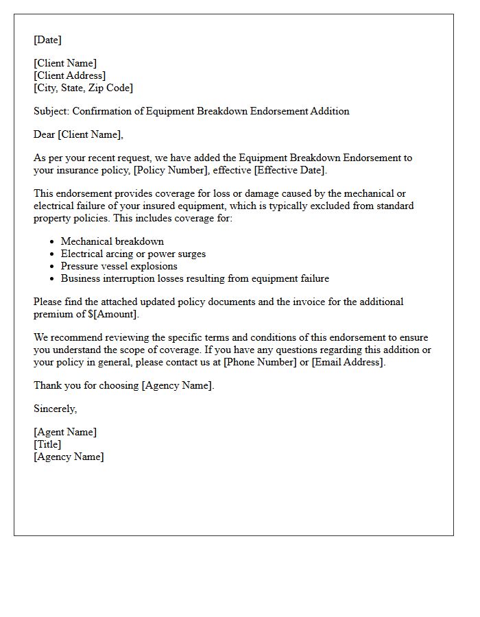 Client Requested Equipment Breakdown Endorsement Addition Letter