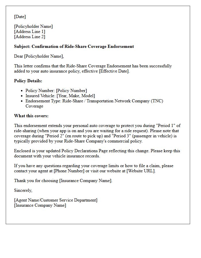 Ride-Share Coverage Endorsement Confirmation Letter