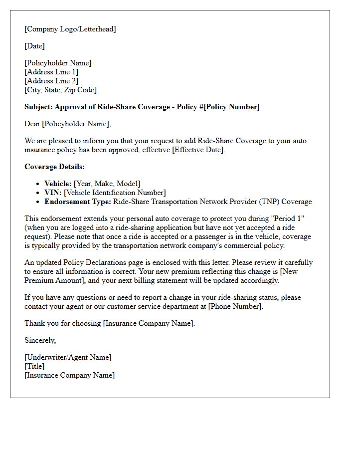 Auto Policy Ride-Share Coverage Approval Letter