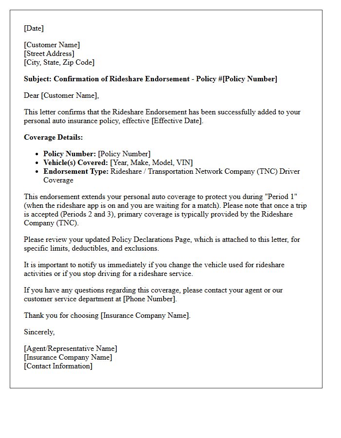 Personal Auto Rideshare Endorsement Confirmation Letter