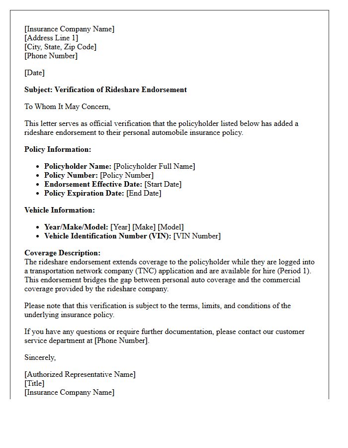 Policyholder Rideshare Endorsement Verification Letter