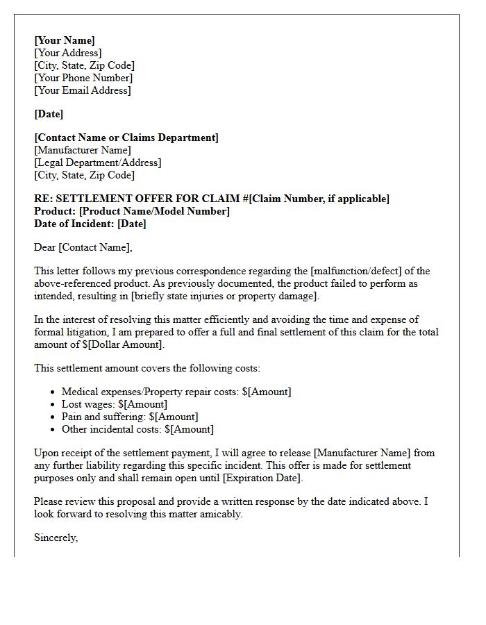 Product Manufacturer Settlement Letter