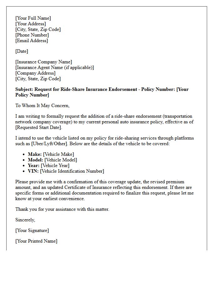 Vehicle Ride-Share Insurance Endorsement Letter