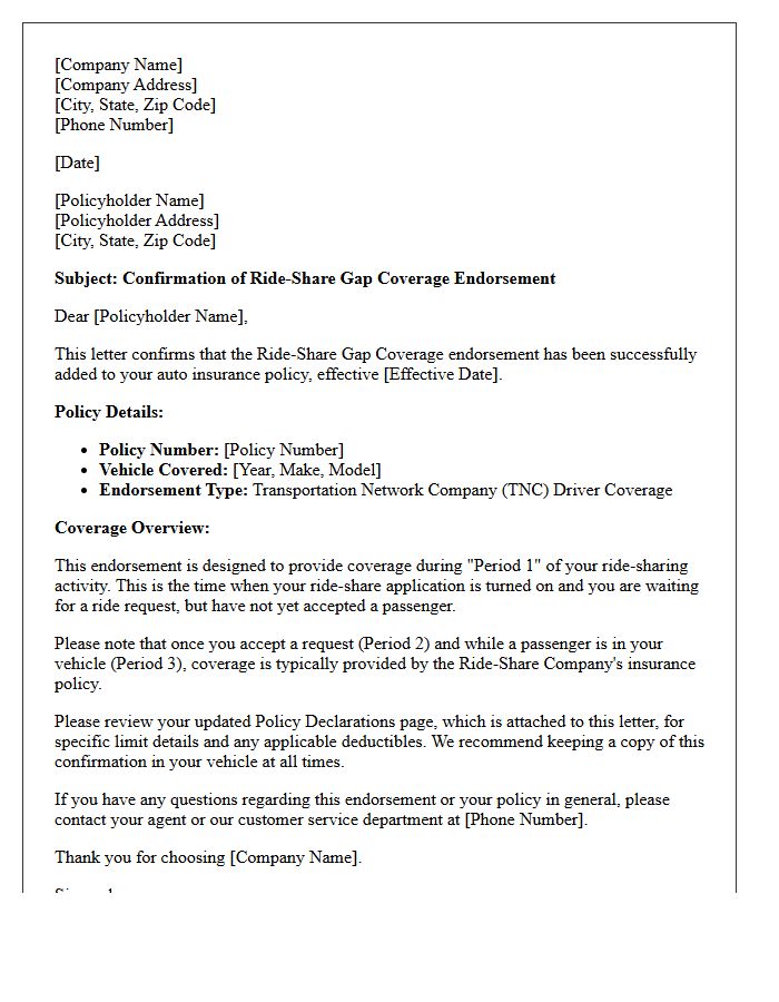 Ride-Share Gap Coverage Endorsement Confirmation Letter