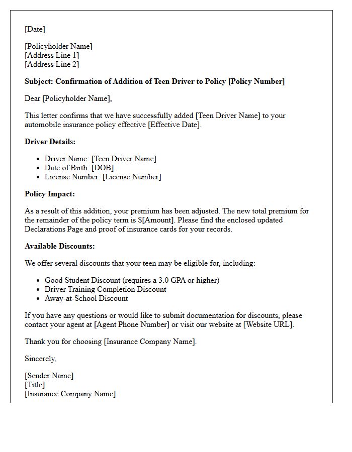 Teen Driver Addition Endorsement Confirmation Letter