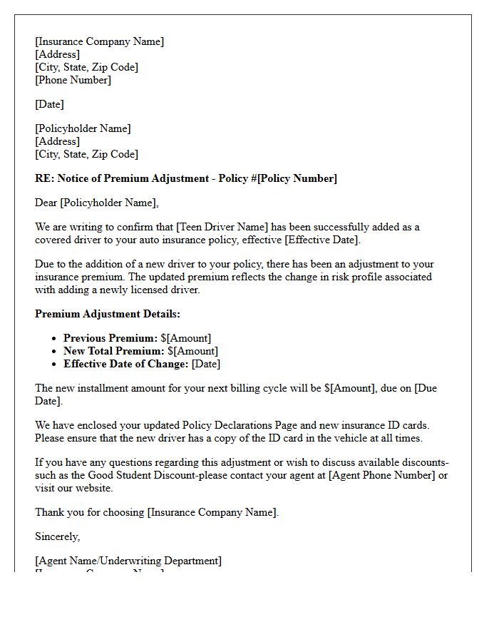 Premium Adjustment Notice for Teen Driver Addition Letter