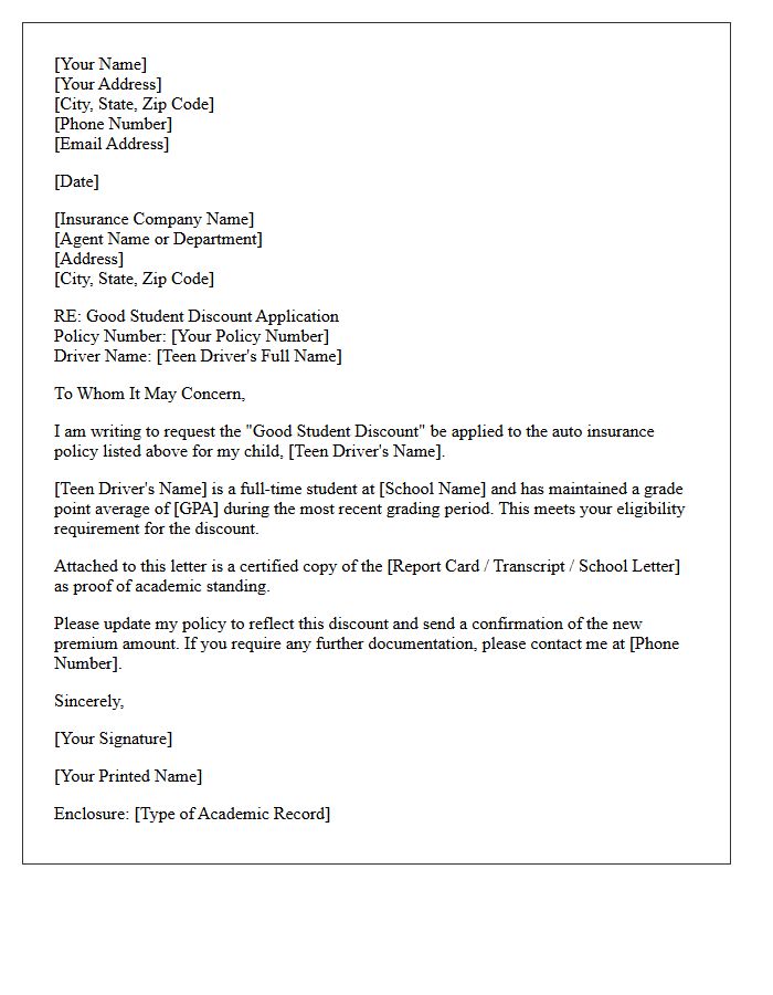 Good Student Discount Eligibility for Teen Driver Letter