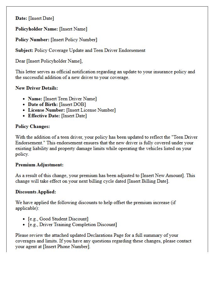 Policy Coverage Update and Teen Driver Endorsement Letter