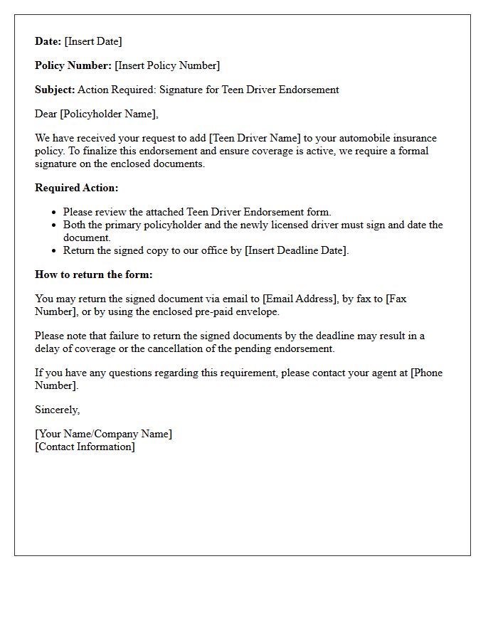 Required Signature Notice for Teen Driver Endorsement Letter