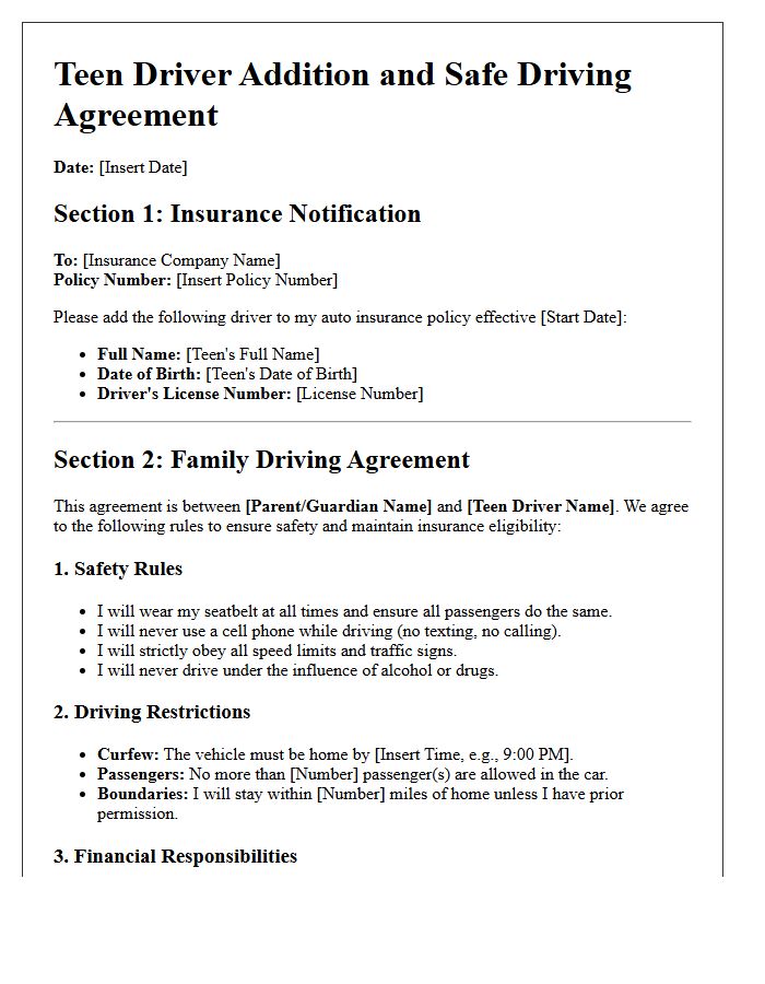 Teen Driver Addition and Safe Driving Agreement Letter