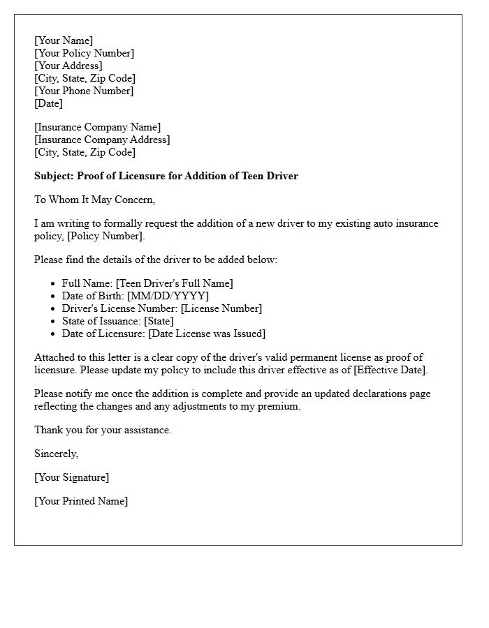 Proof of Licensure Request for Teen Driver Addition Letter