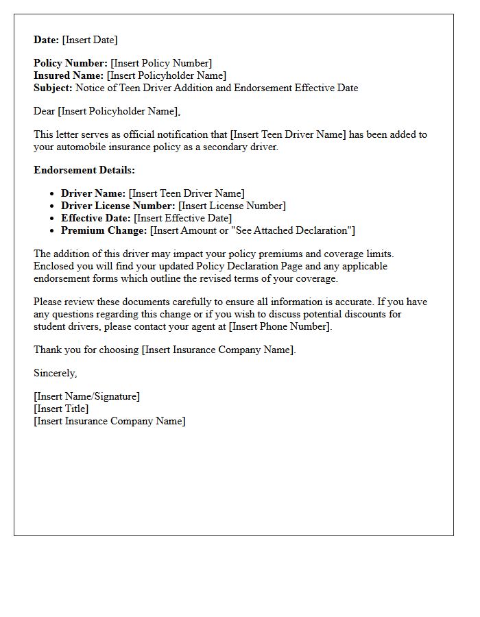 Teen Driver Addition Endorsement Effective Date Notice Letter