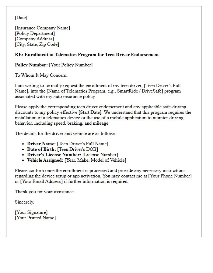 Telematics Program Enrollment for Teen Driver Endorsement Letter