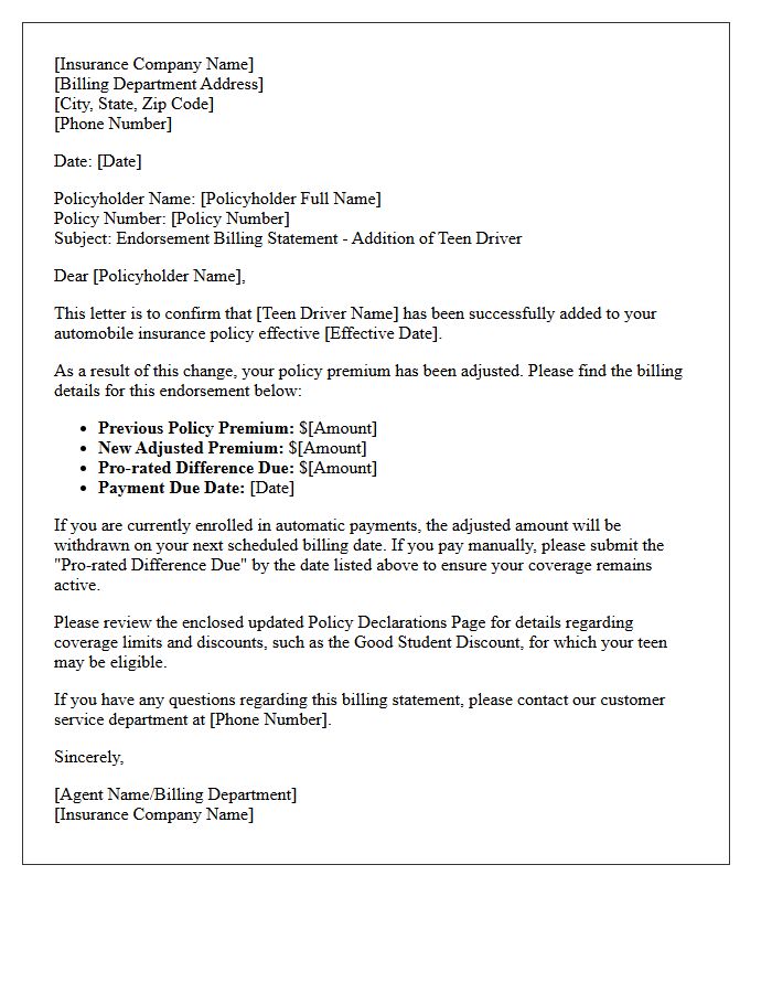 Teen Driver Addition Endorsement Billing Statement Letter