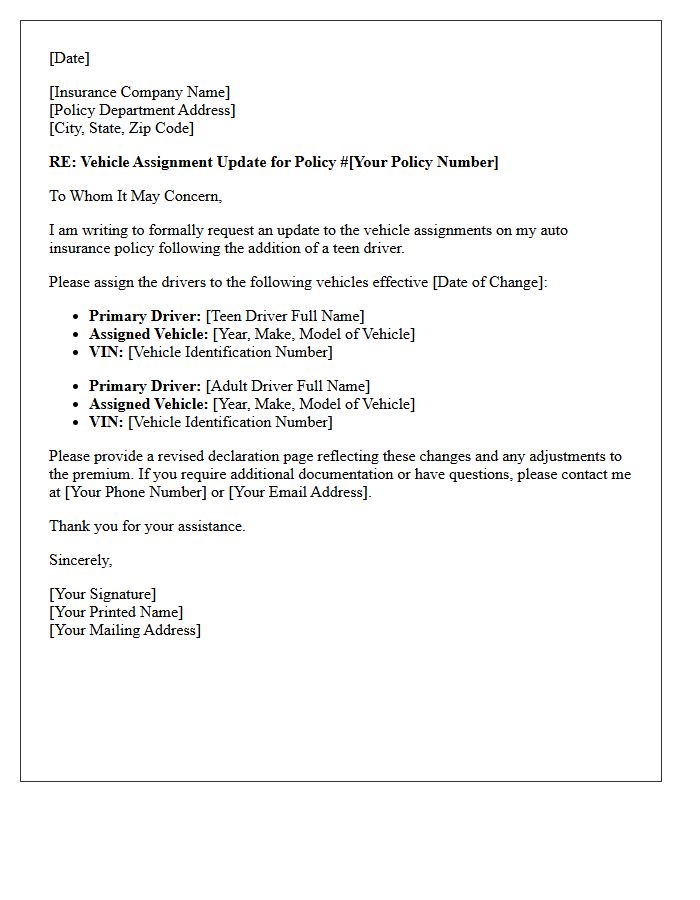 Vehicle Assignment Update for Teen Driver Endorsement Letter