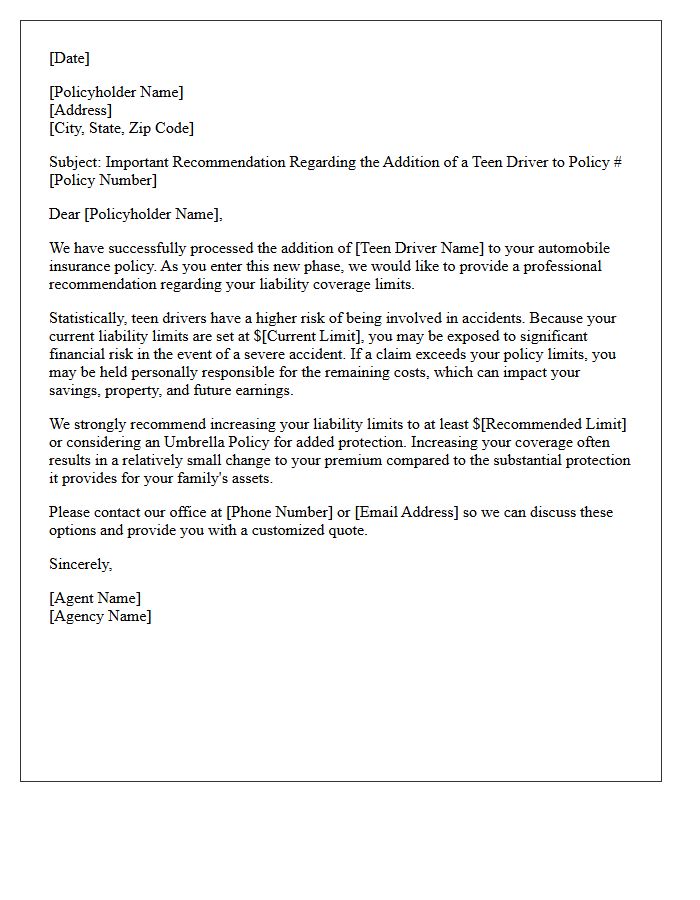 Liability Limit Recommendation for Teen Driver Addition Letter
